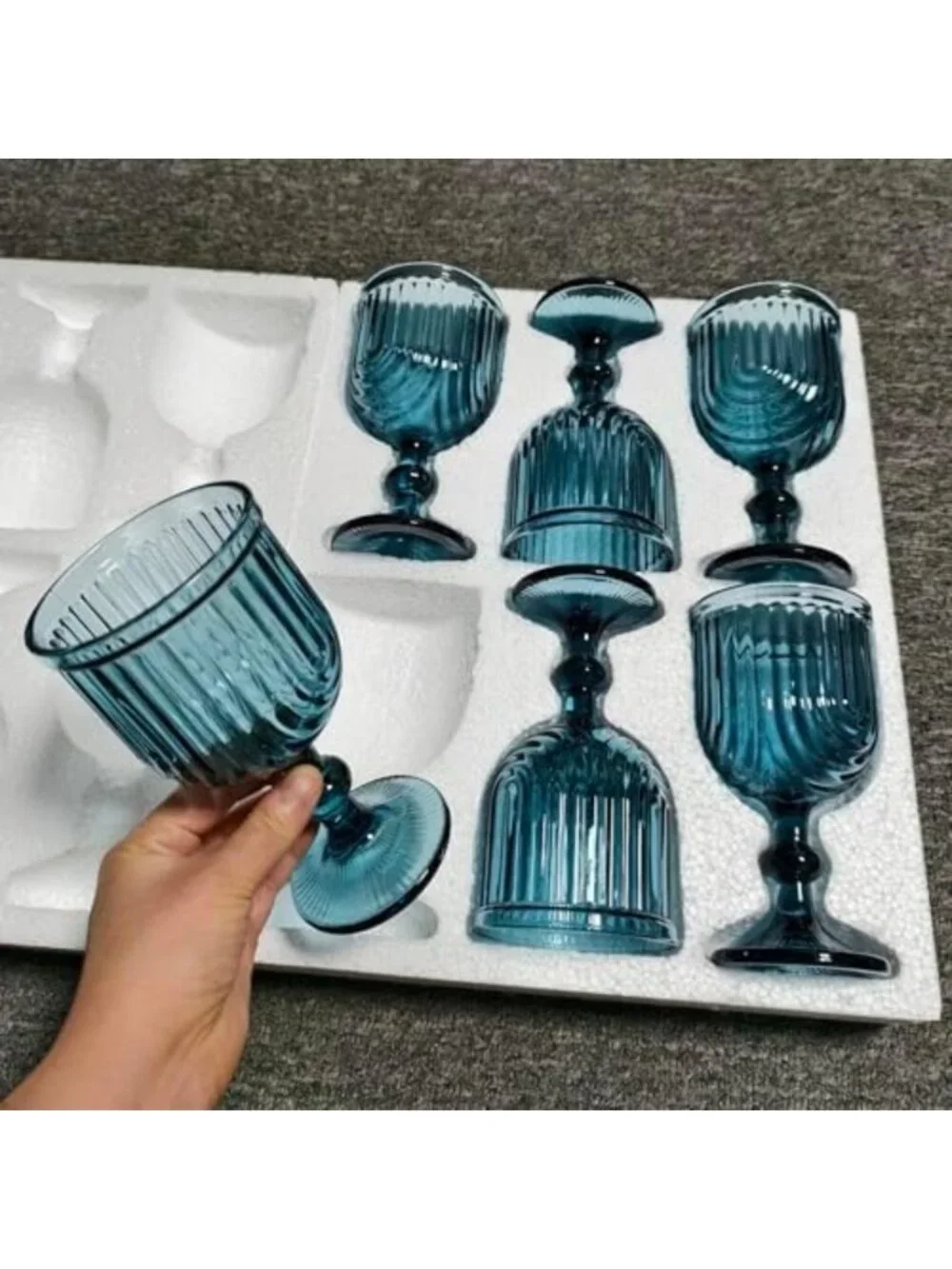 Vintage Blue Glass Water Goblets Set of 6 | 10 oz Wine Glasses for Parties